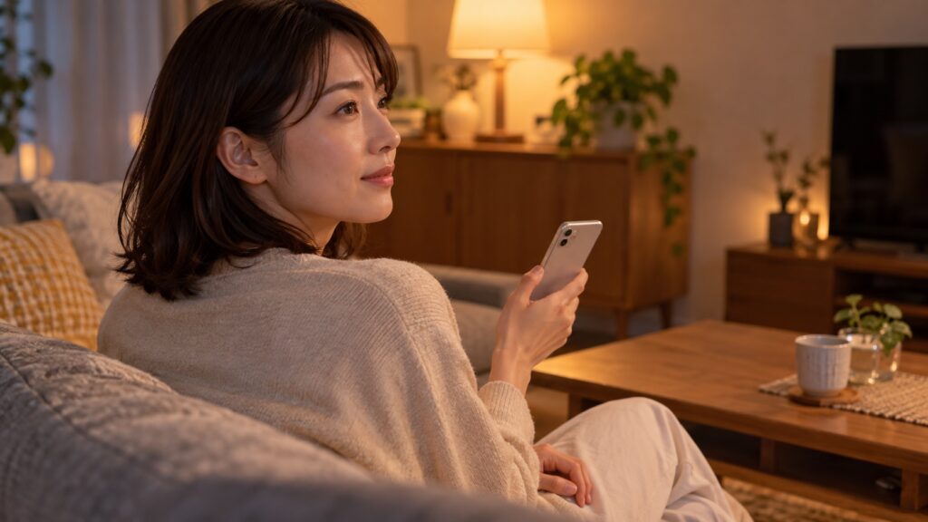 スマートフォンを手に、送る返事を考える人