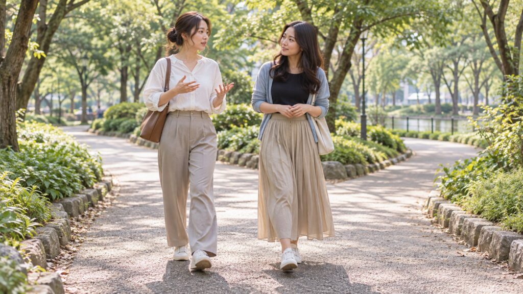 公園の道を同じ歩幅で歩きながら話す友人たち