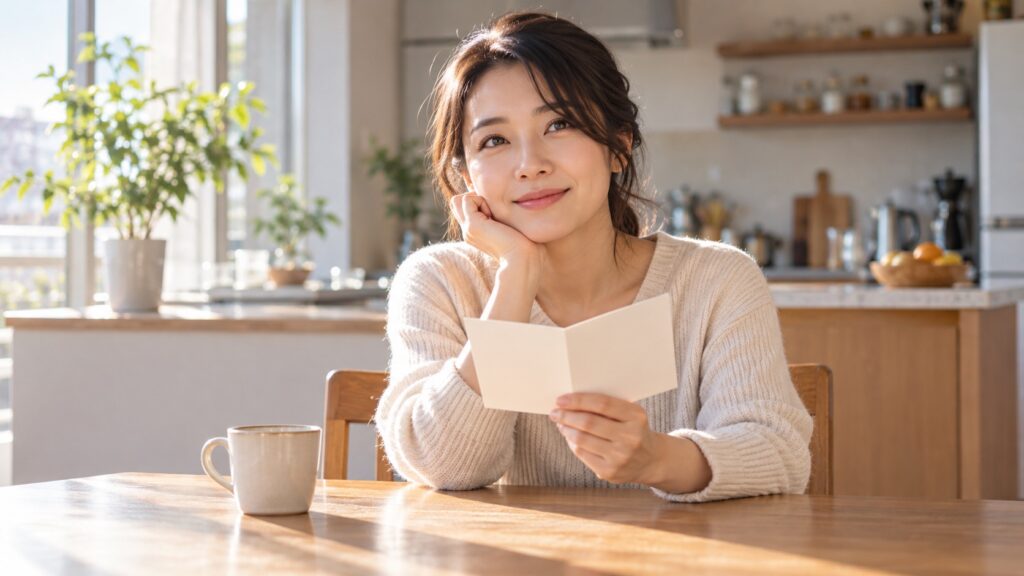 小さなカードを持ち、自分の言葉を考える人