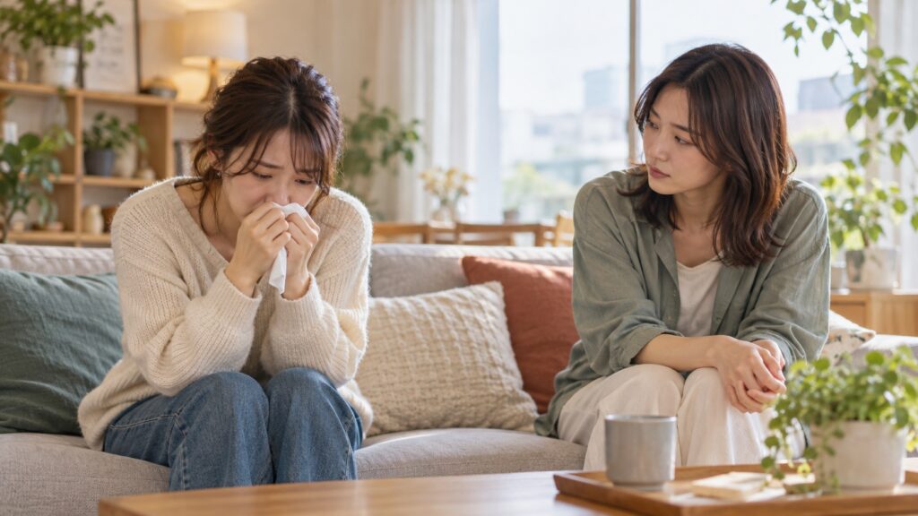 落ち込む友人の近くで静かに過ごす人