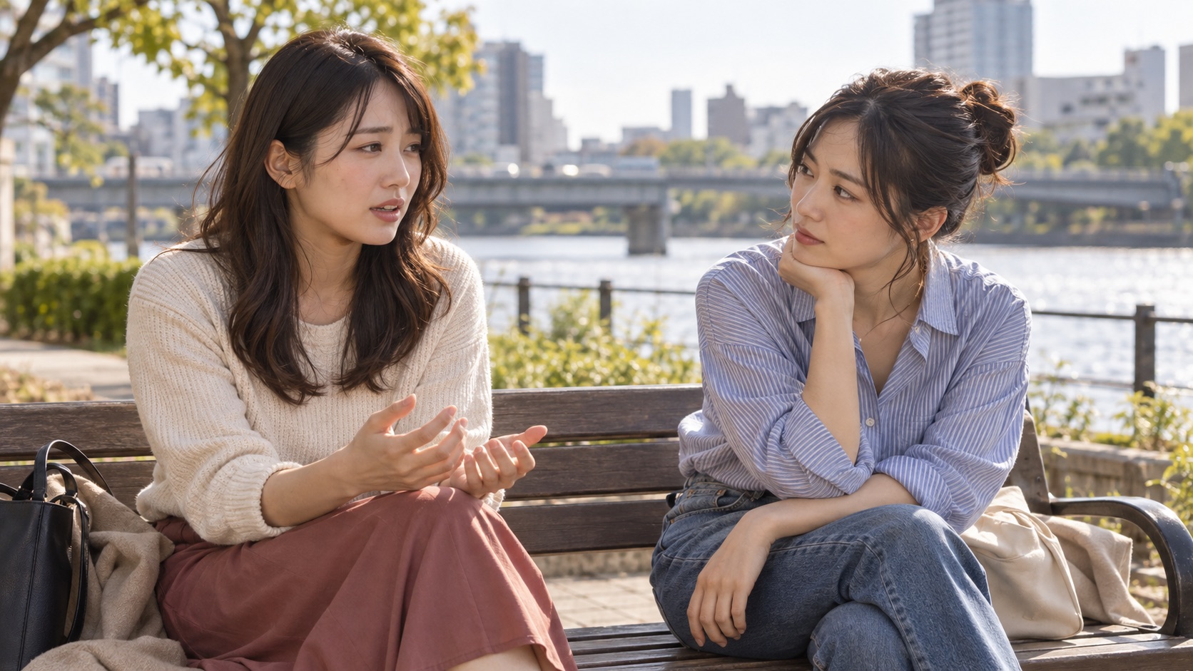 川沿いのベンチで友人の話を静かに聞く人