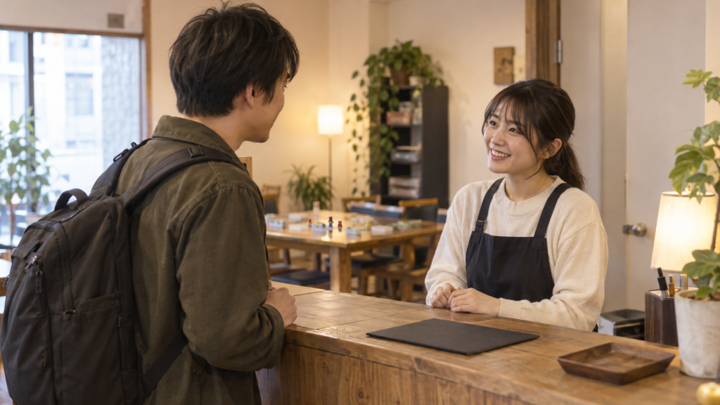 予約名を伝えてマーダーミステリー会場で受付する人