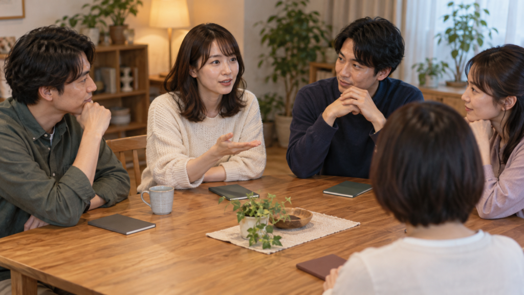 一つの質問をしながらテーブルで話し合う参加者