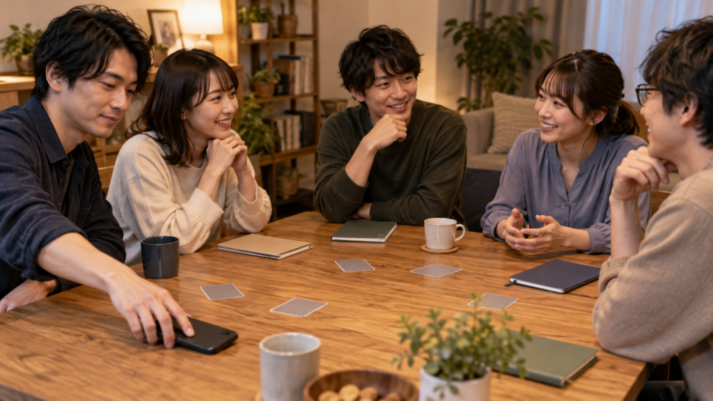 公演後に資料を閉じて感想を話す参加者