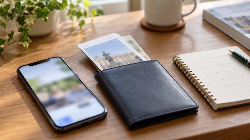 展示とチケットを確認するために用意したスマートフォンと予定帳