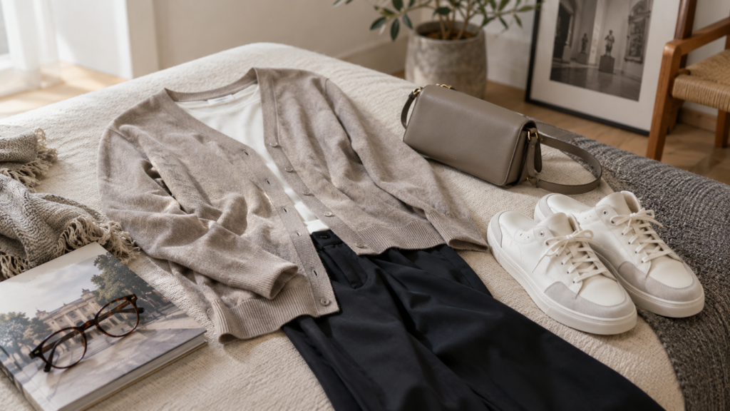 歩きやすい靴と羽織り物を用意した美術館向けの服装