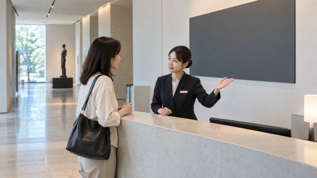 美術館のロビーで受付の案内を確認する来館者