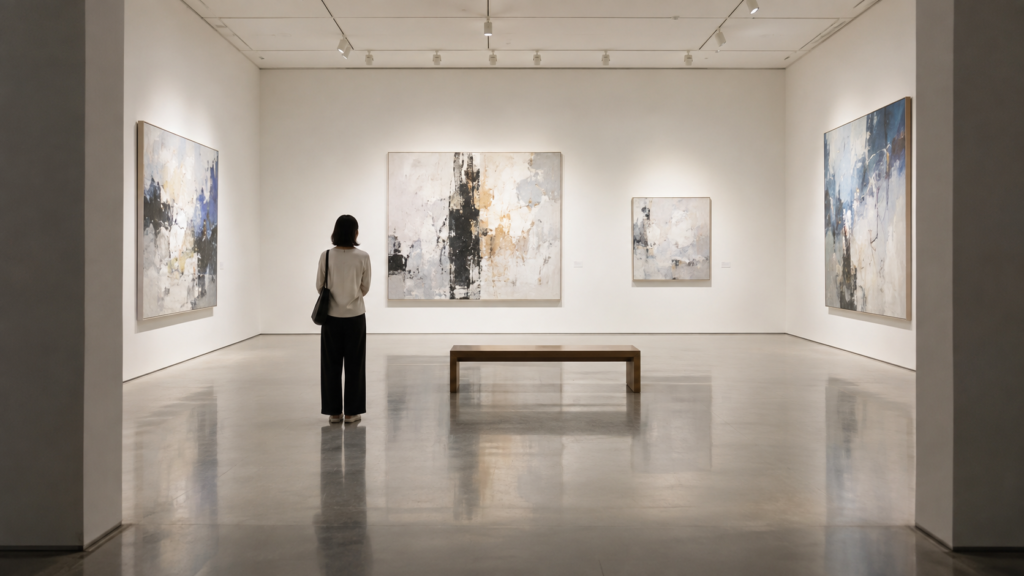 展示室を見渡して気になる作品を探す来館者