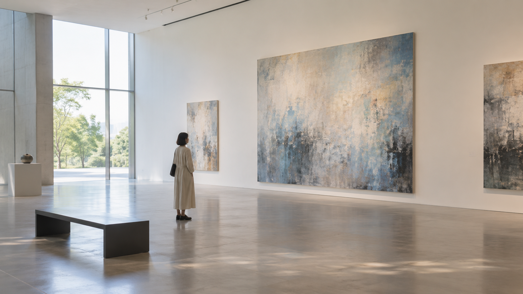 一人で展示室の絵画を眺める来館者