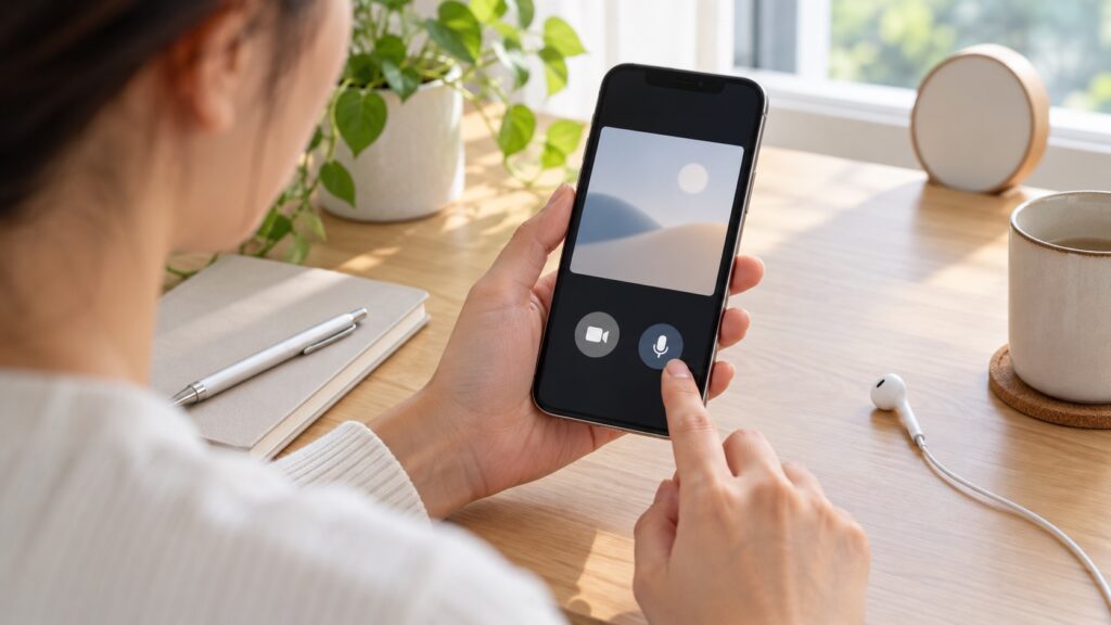 通話前にスマホの映像と音声を確認する手元