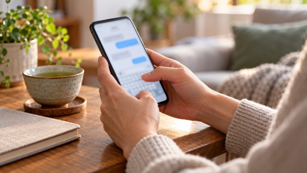友人へスマホでオンライン会の案内を送る手元