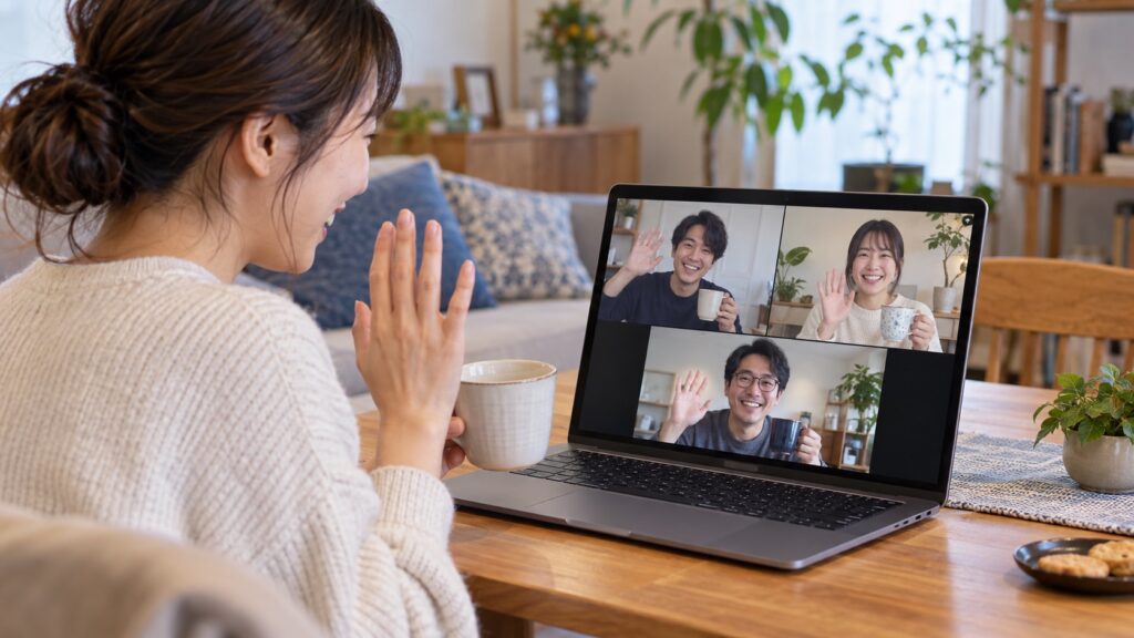 自宅から友人に手を振って少人数のオンライン会を始める人