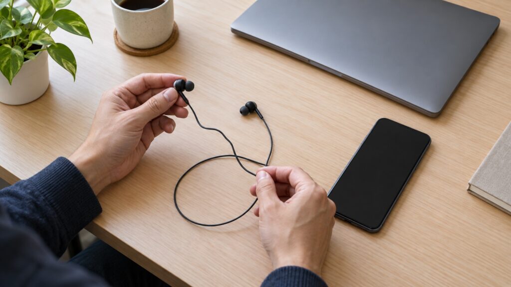 スマホとイヤホンの接続を一つずつ確かめる手元