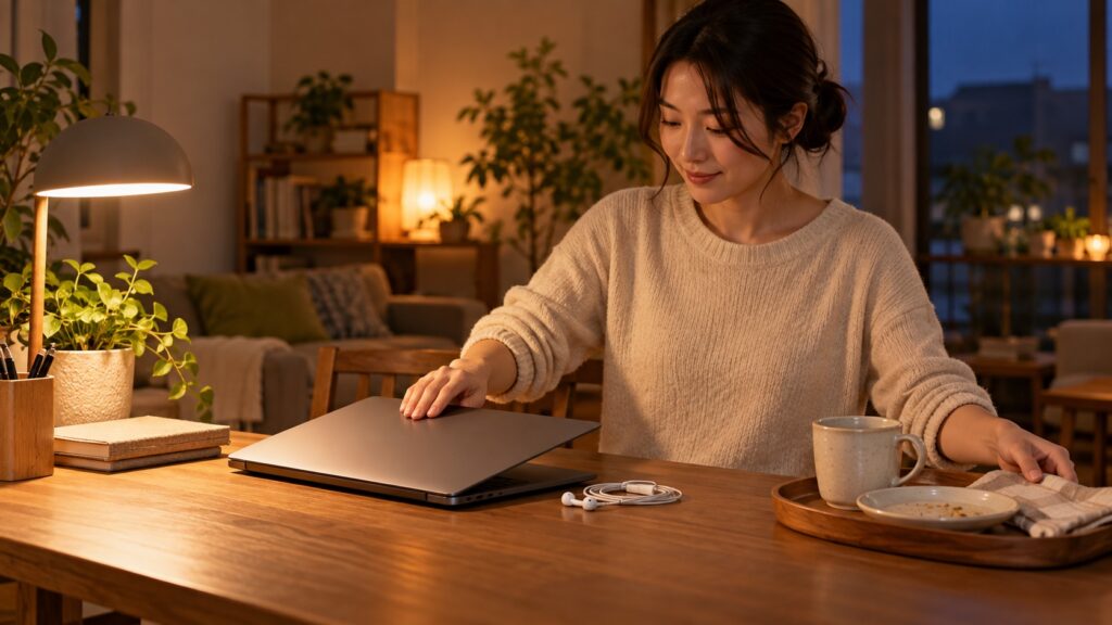 通話を終えた後でイヤホンとお茶のカップを片付ける人