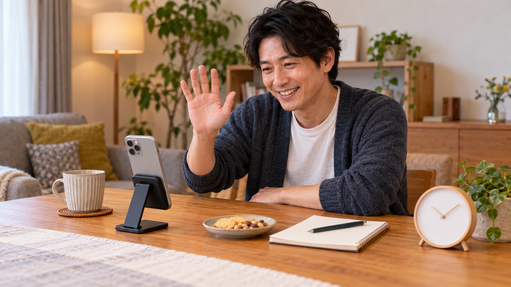 お茶とスマホを準備して友人とのオンライン通話を待つ人