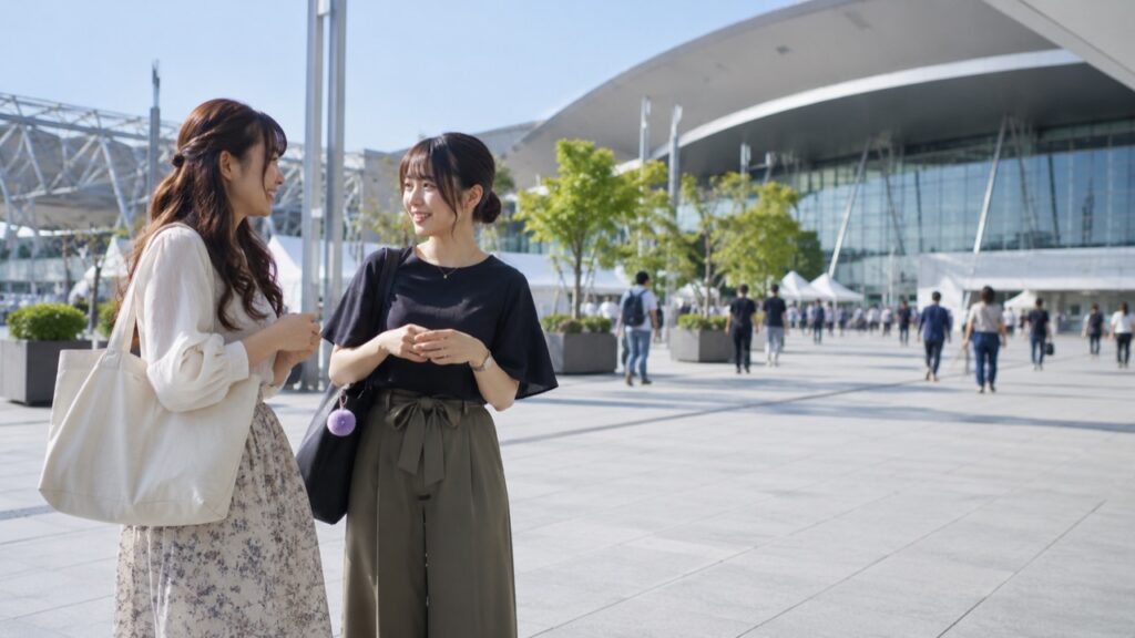 イベント会場の開けた広場で話す二人