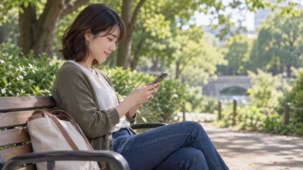 公園で趣味の投稿を読む人