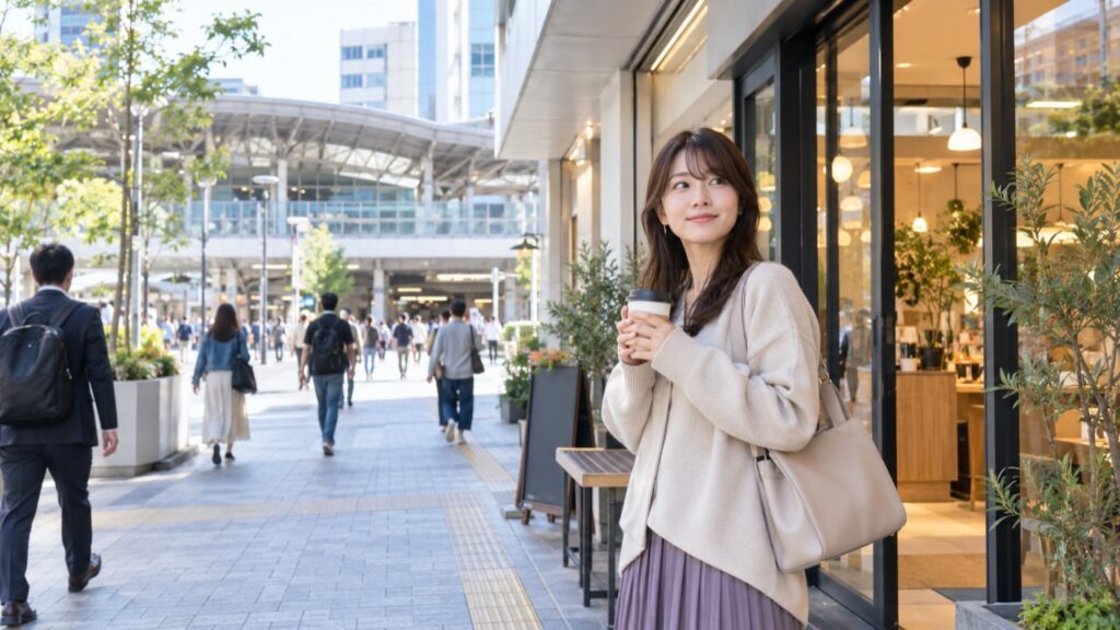 明るい駅前の人通りとカフェ入口