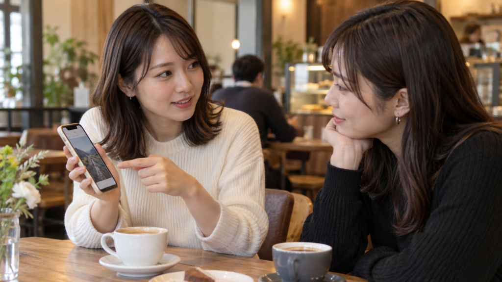 カフェの席で友人にスマートフォンを見せて依頼を伝える様子