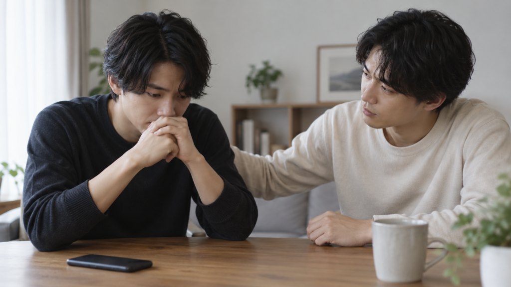 信頼できる相手に写真投稿の悩みを相談する二人