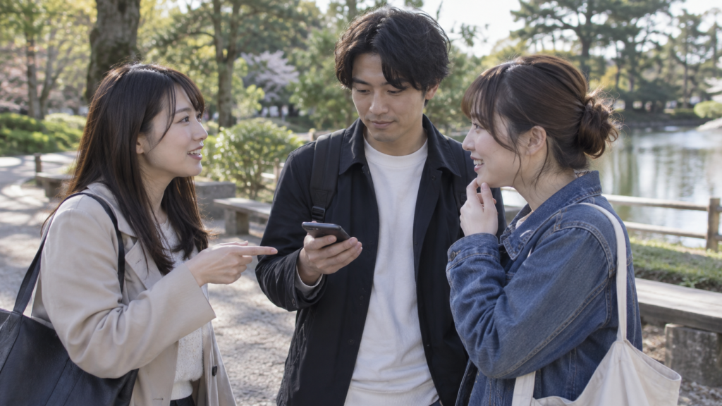 友人と撮影前に写真の扱いを話し合う様子