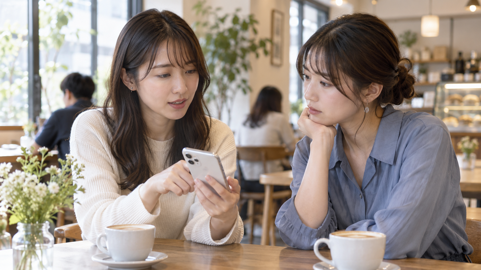 スマートフォンの投稿を見ながら落ち着いて話す二人の友人