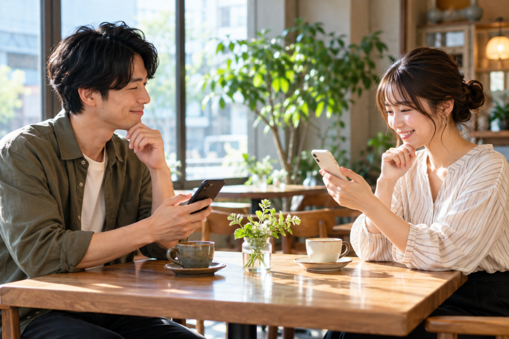 チケットの受け取りが済んだことを友達と確認するイメージ