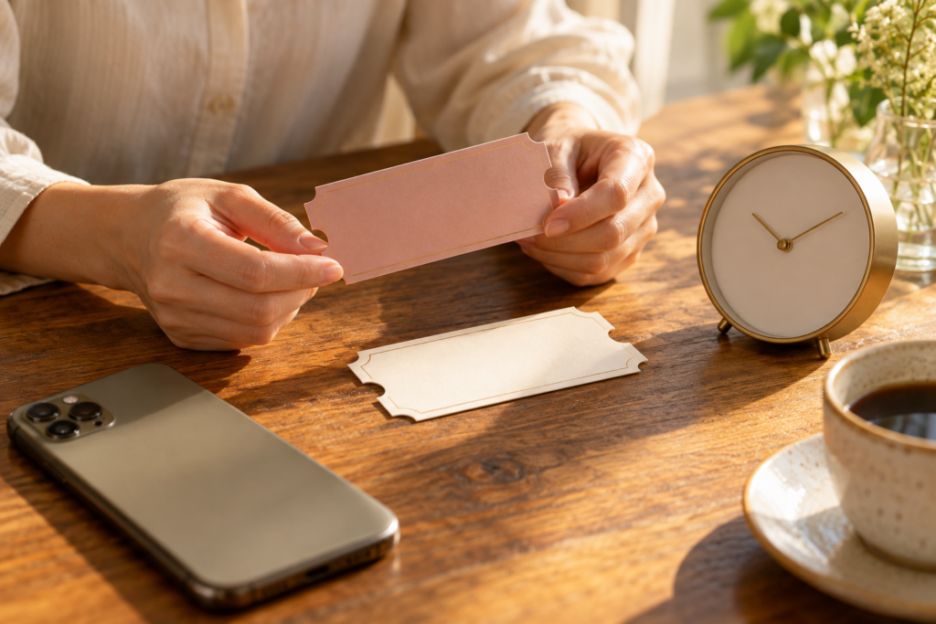 期限のあるチケット受け取りを確認するためのスマートフォンと時計のイメージ