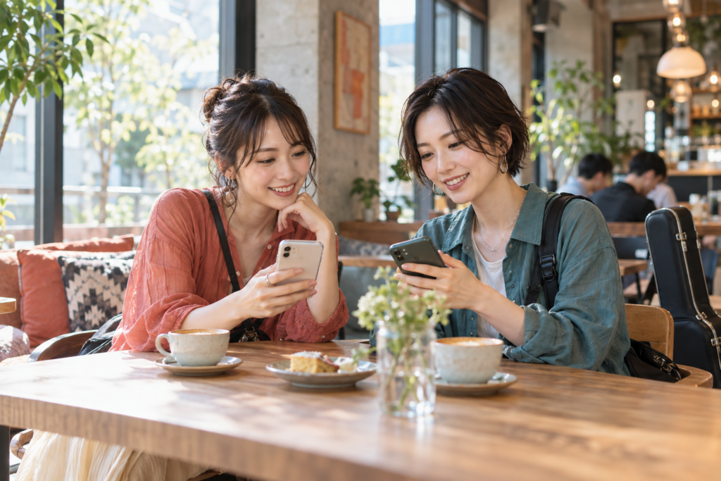 イベントへ行く前にそれぞれのスマートフォンで予定を確認する友達同士のイメージ