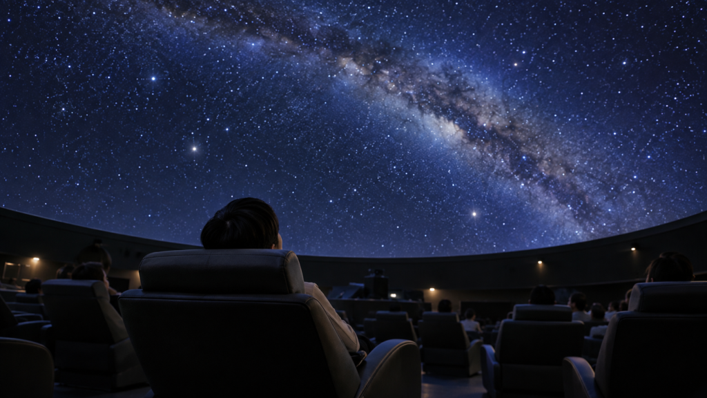 星空のドームで一人掛けの席に座る来場者
