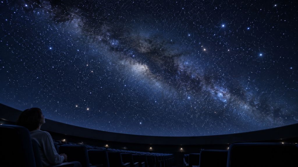 一人でプラネタリウムの星空を楽しむイメージ