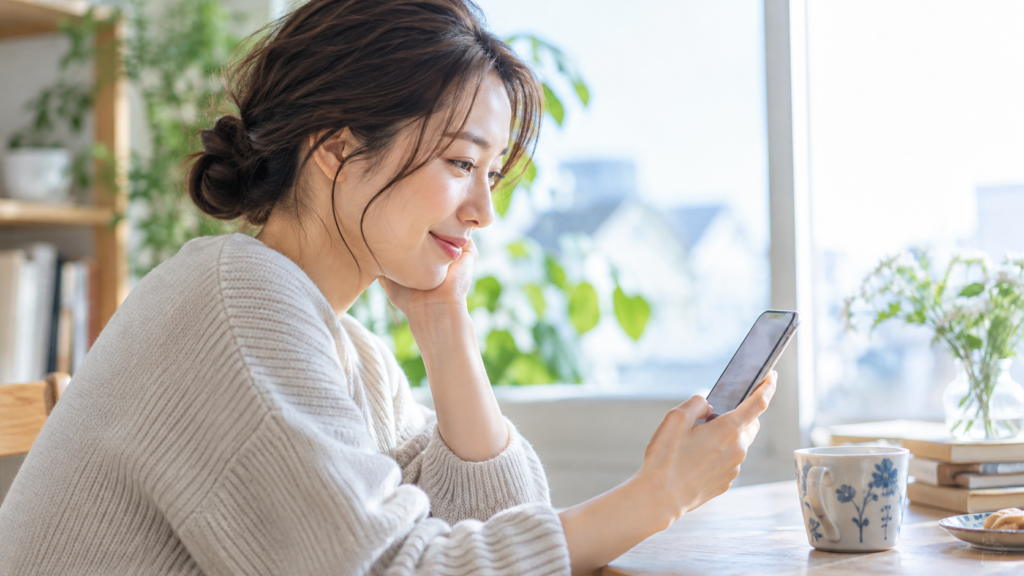 友達からの知らせを読みながら返信を考える成人