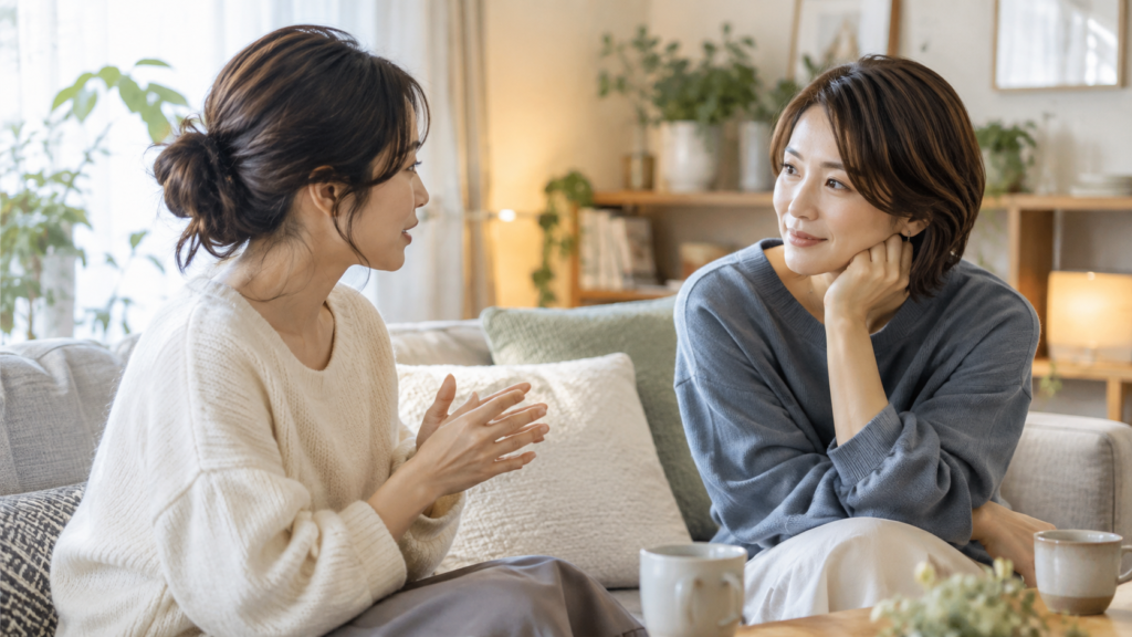 友達の話を急がず聞く二人の成人