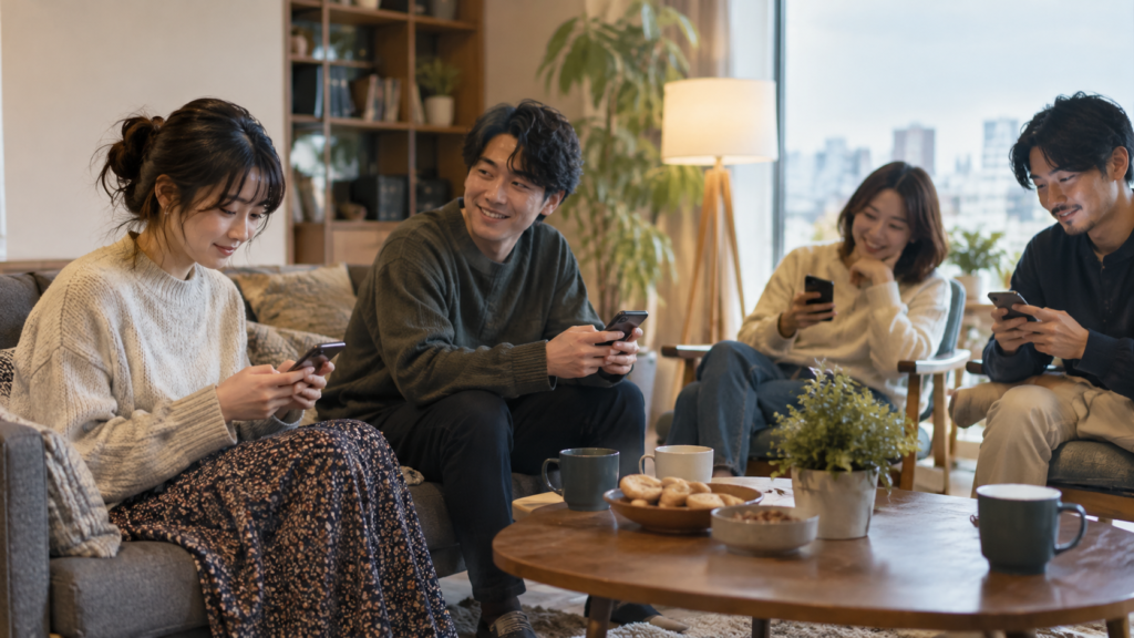 共有スペースでスマートフォンの内容を手元に留める成人