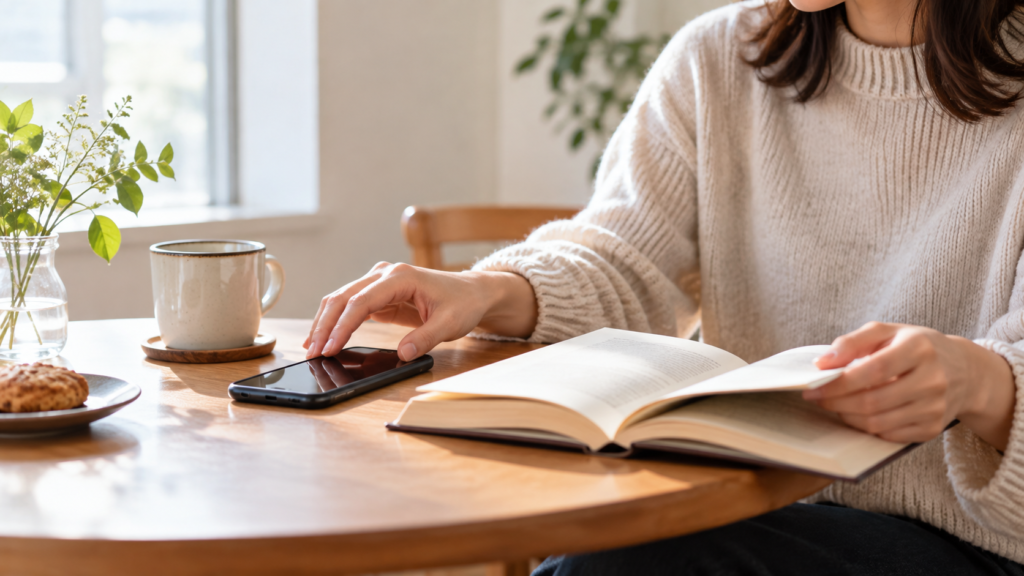 スマートフォンから離れて本を読む成人の手元