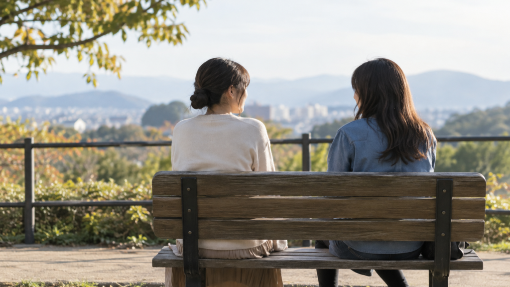 人の少ない場所で個別に話す二人の成人