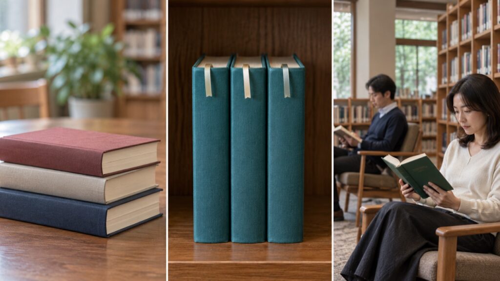異なる本の持ち寄り、同じ課題本、各自の黙読を表す比較イメージ