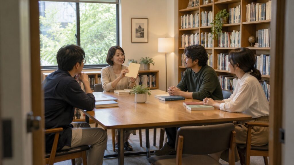 別々の本を持ち寄って紹介を聞く読書会のイメージ