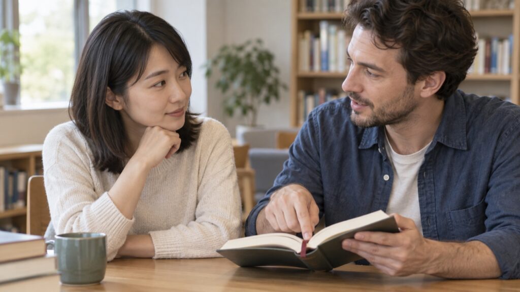 本の場面について話す人の感想を落ち着いて聞くイメージ