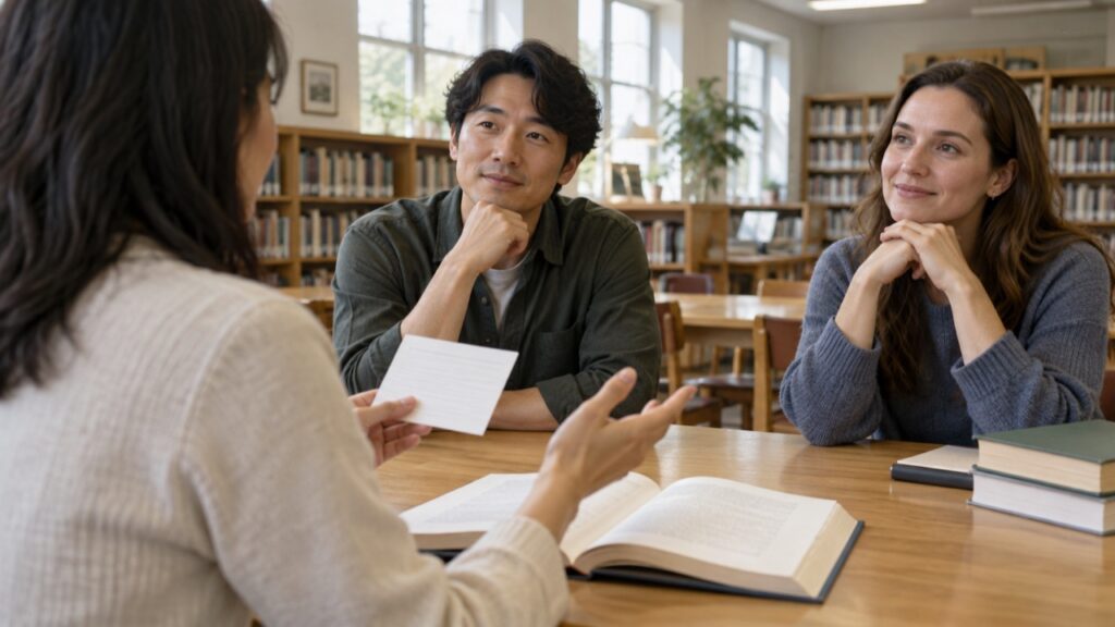 本と短い紹介メモを手元に置いて話す読書会のイメージ
