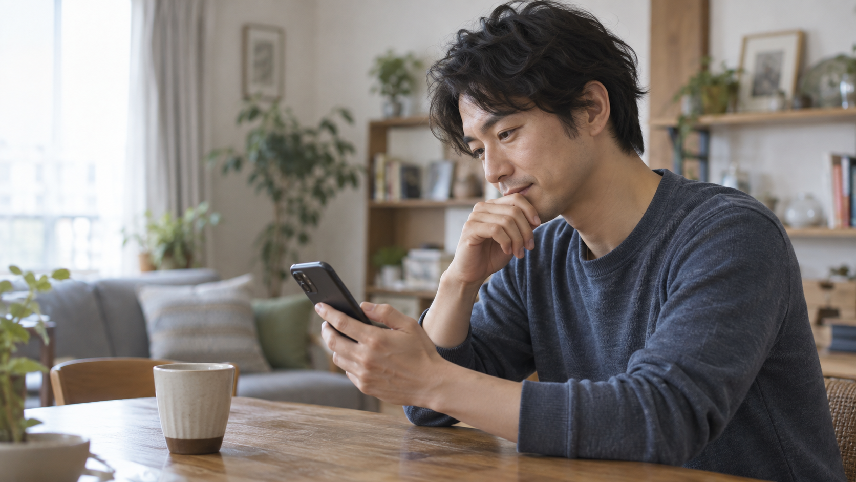 スマートフォンを手に連絡する言葉を考える男性