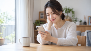 自宅のテーブルでスマートフォンを見ながら微笑む女性