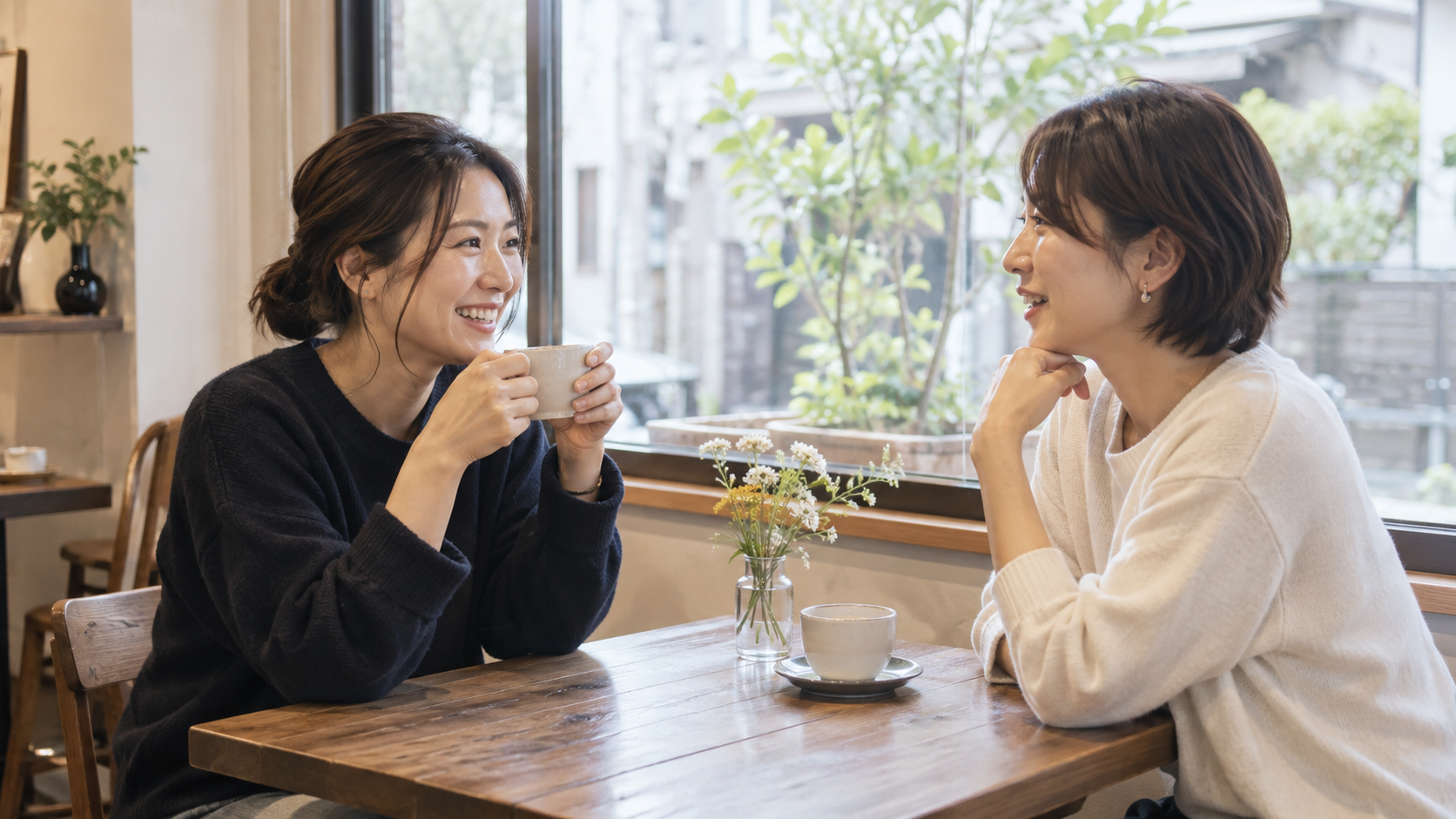 カフェでお茶を飲みながら穏やかに話す二人の友人