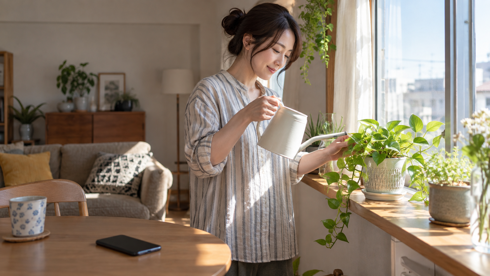 スマートフォンをテーブルに置いて観葉植物に水をやる女性