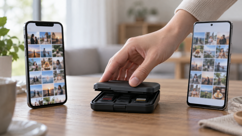写真データを表示する二台のスマートフォンとメモリーカードケース