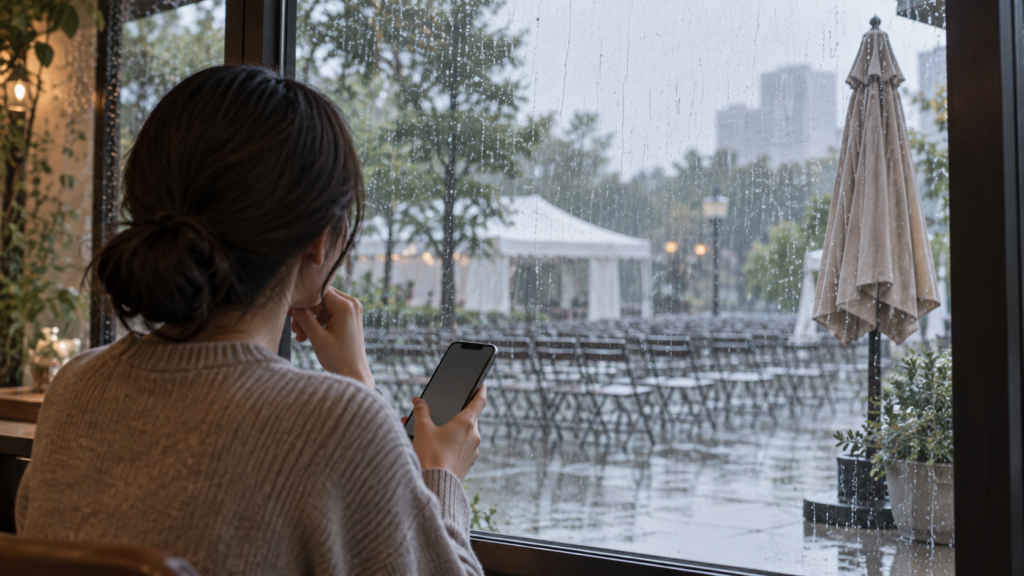 雨の屋外会場を見ながらスマートフォンで日程を確認する人