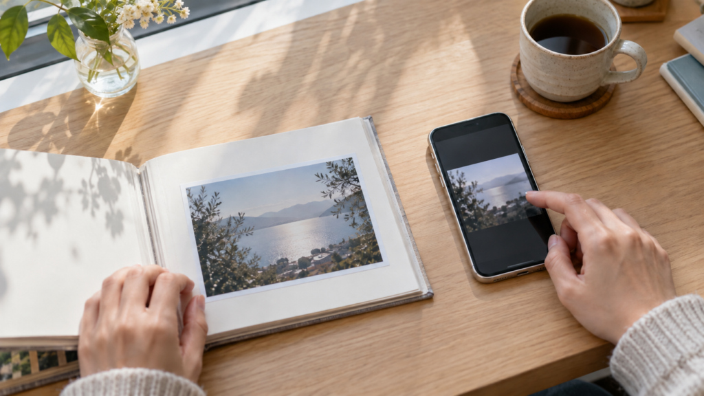 写真アルバムとスマートフォンを並べて写真の残し方を考える手元