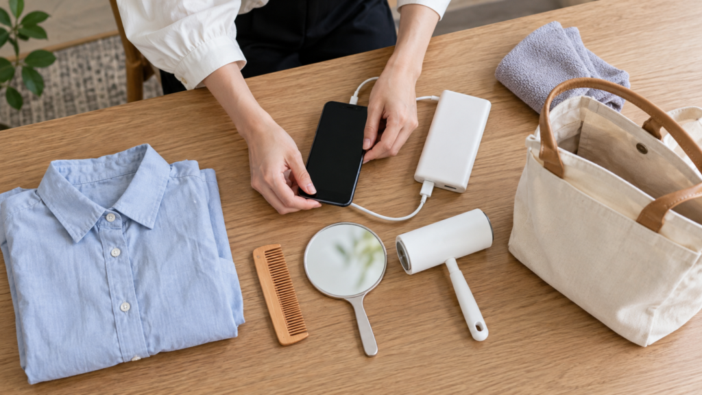 スマホや身支度用品をまとめた撮影前の準備イメージ