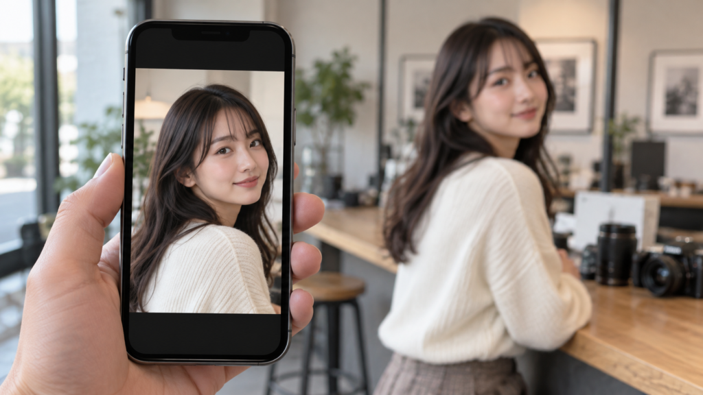 受け取った写真をスマホで開いて確認するイメージ