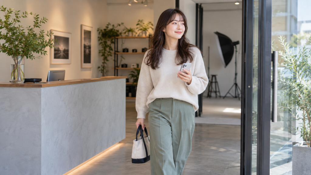 一人で撮影と写真の受取を終えた人のイメージ
